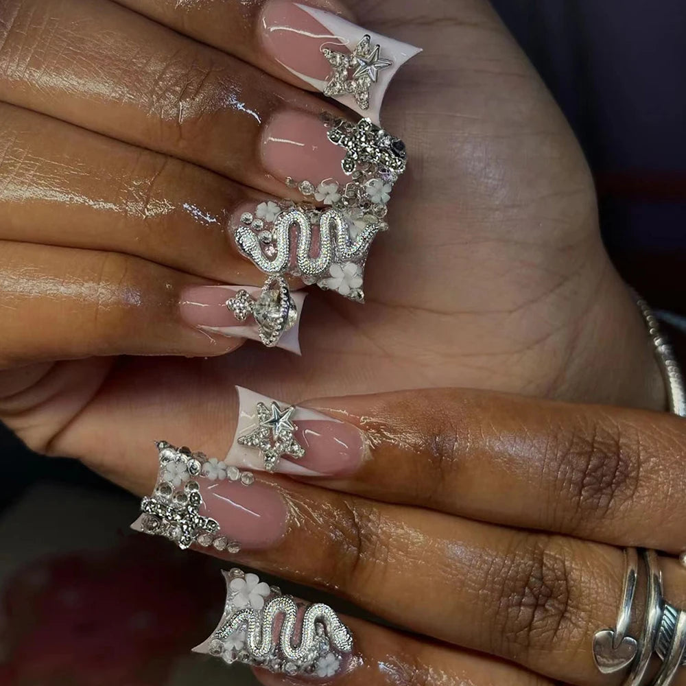 24pcs Long Ducknail Black French Tip Press On Nails 3D Alloy Cross, Snake-Shaped Decoration With Rhinestone Design Fit Perfectly