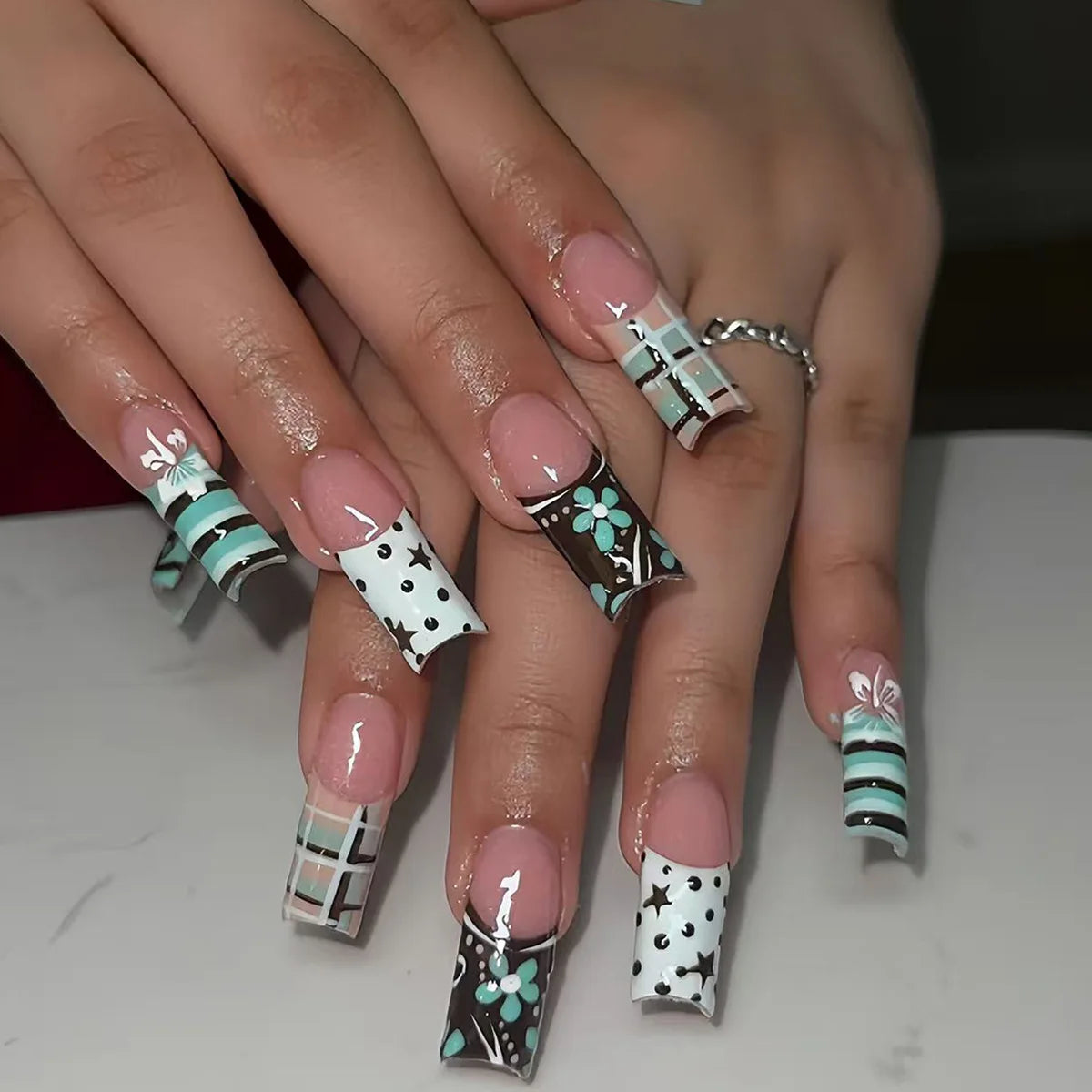 24Pcs Long Square Press on Nails Leopard Print French 3D Cherry Design False Nail Rhinestone Wearable Full Cover Fake Nails Tips