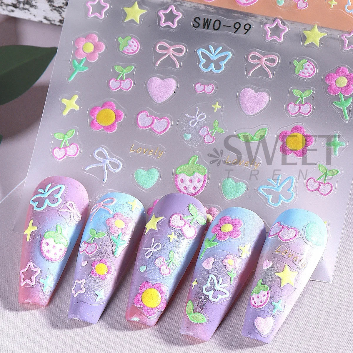 2pcs Sweet Element Nail Art Stickers Simple Flower Heart Cherry Strawberry Kawaii Decals Colorful Bow Butterfly Manicure Sliders