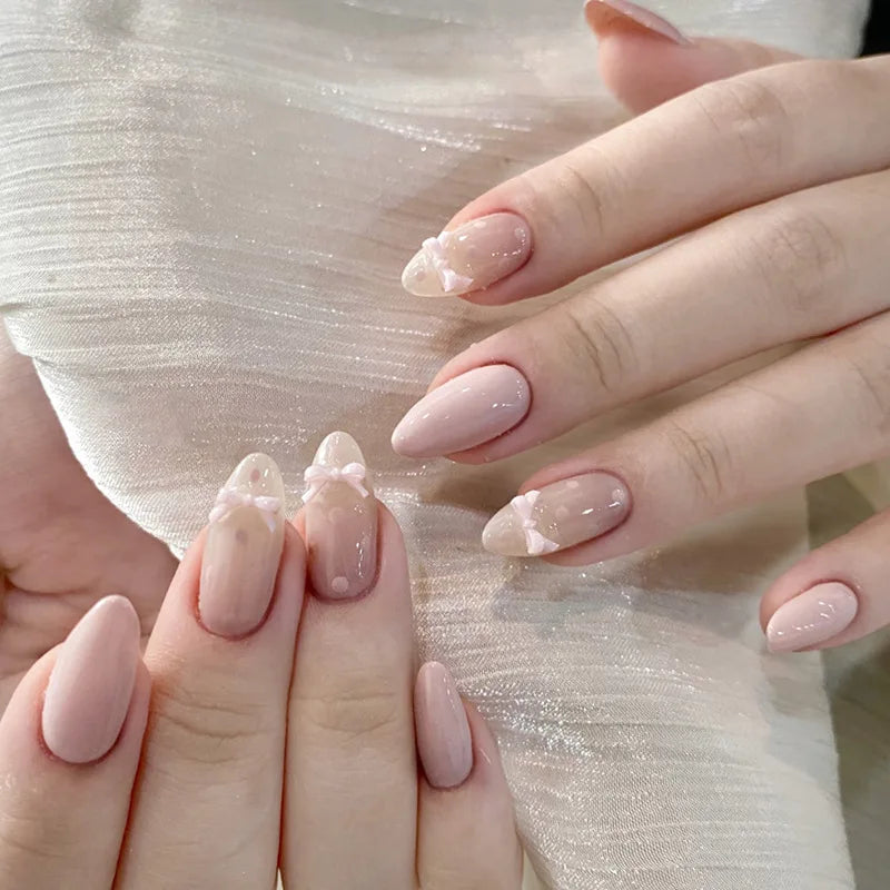 White French Press on Nails 3D Bowknot Fake Nails Tips Full Cover Wearable False Nails for Women and Girls DIY Manicure 24Pcs