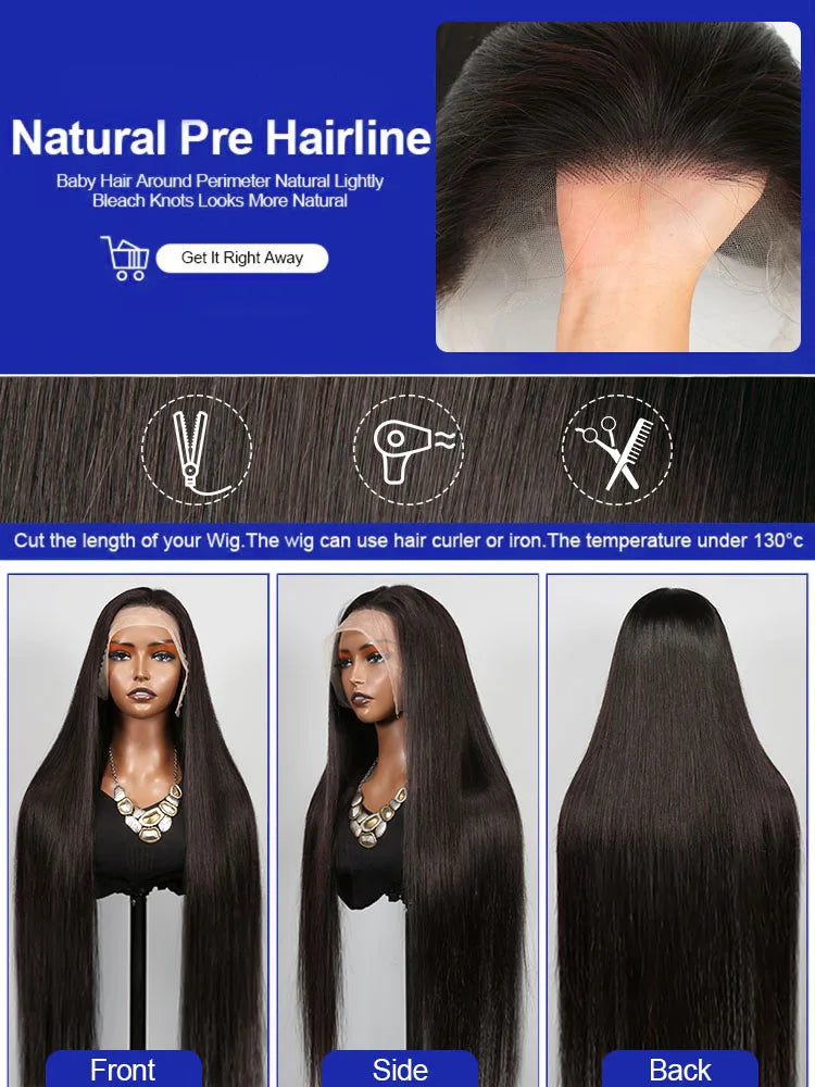 40 Inch Bone Straight Human Hair Lace Frontal Wig