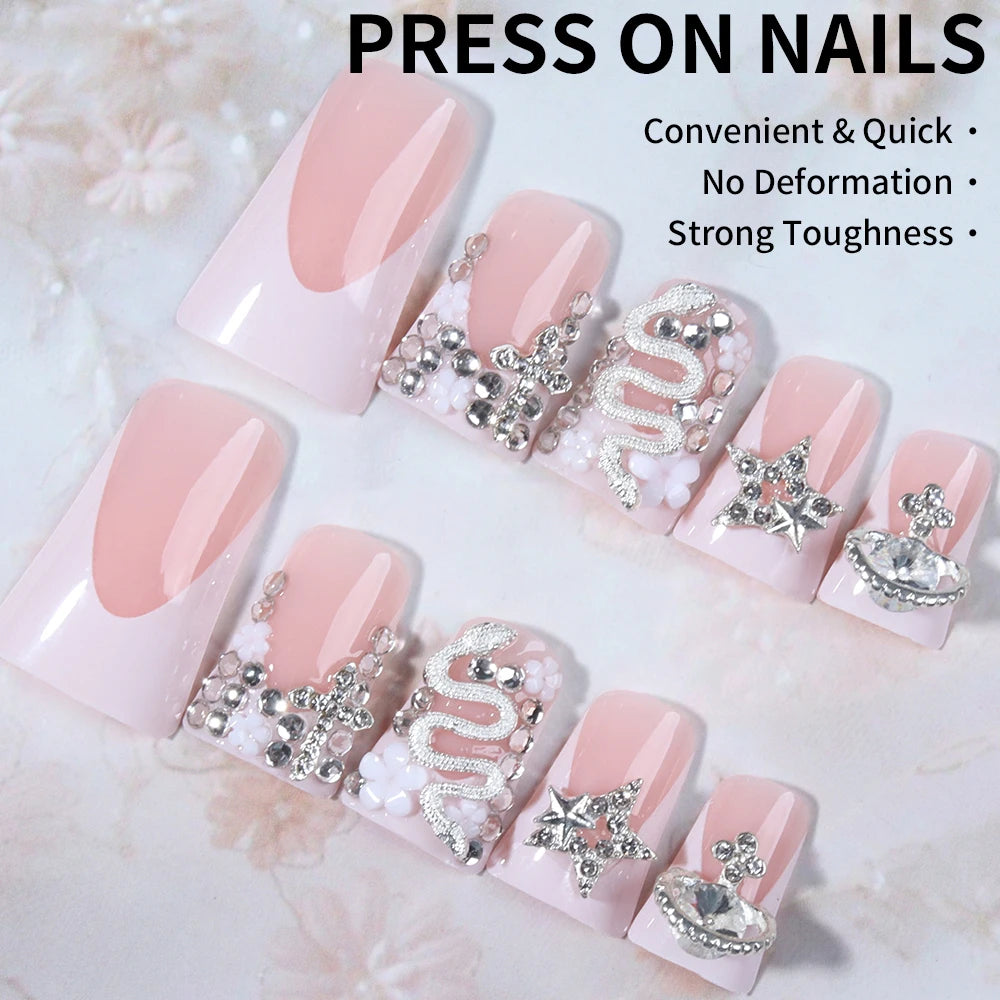 24pcs Long Ducknail Black French Tip Press On Nails 3D Alloy Cross, Snake-Shaped Decoration With Rhinestone Design Fit Perfectly