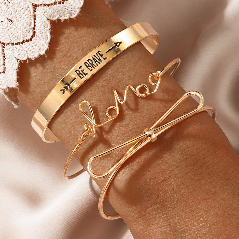 Letter Open Bracelet Set Geometric Bow Bangle Three piece Set