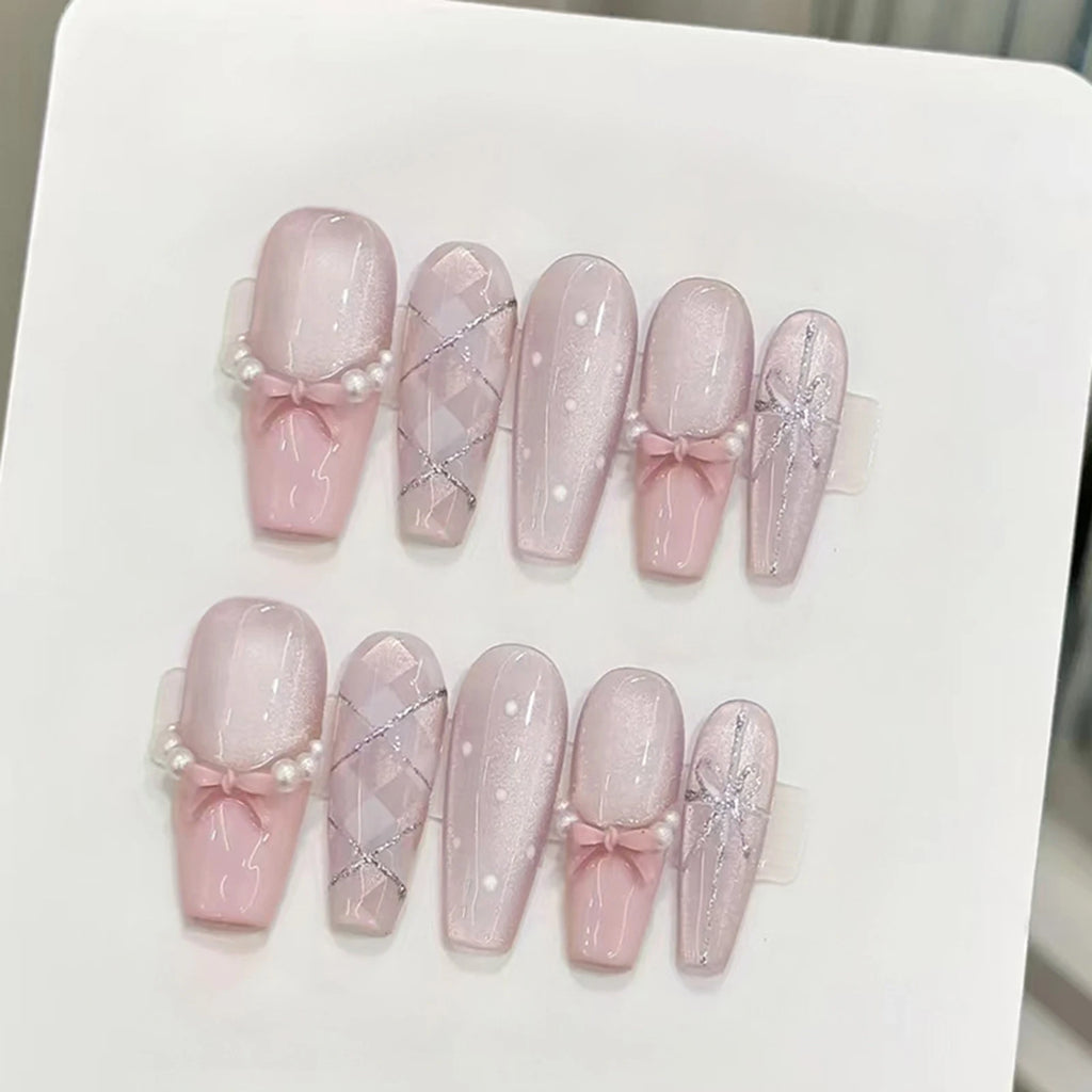 White French Press on Nails 3D Bowknot Fake Nails Tips Full Cover Wearable False Nails for Women and Girls DIY Manicure 24Pcs