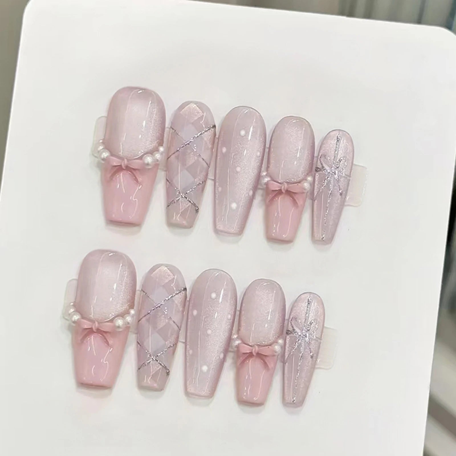 White French Press on Nails 3D Bowknot Fake Nails Tips Full Cover Wearable False Nails for Women and Girls DIY Manicure 24Pcs