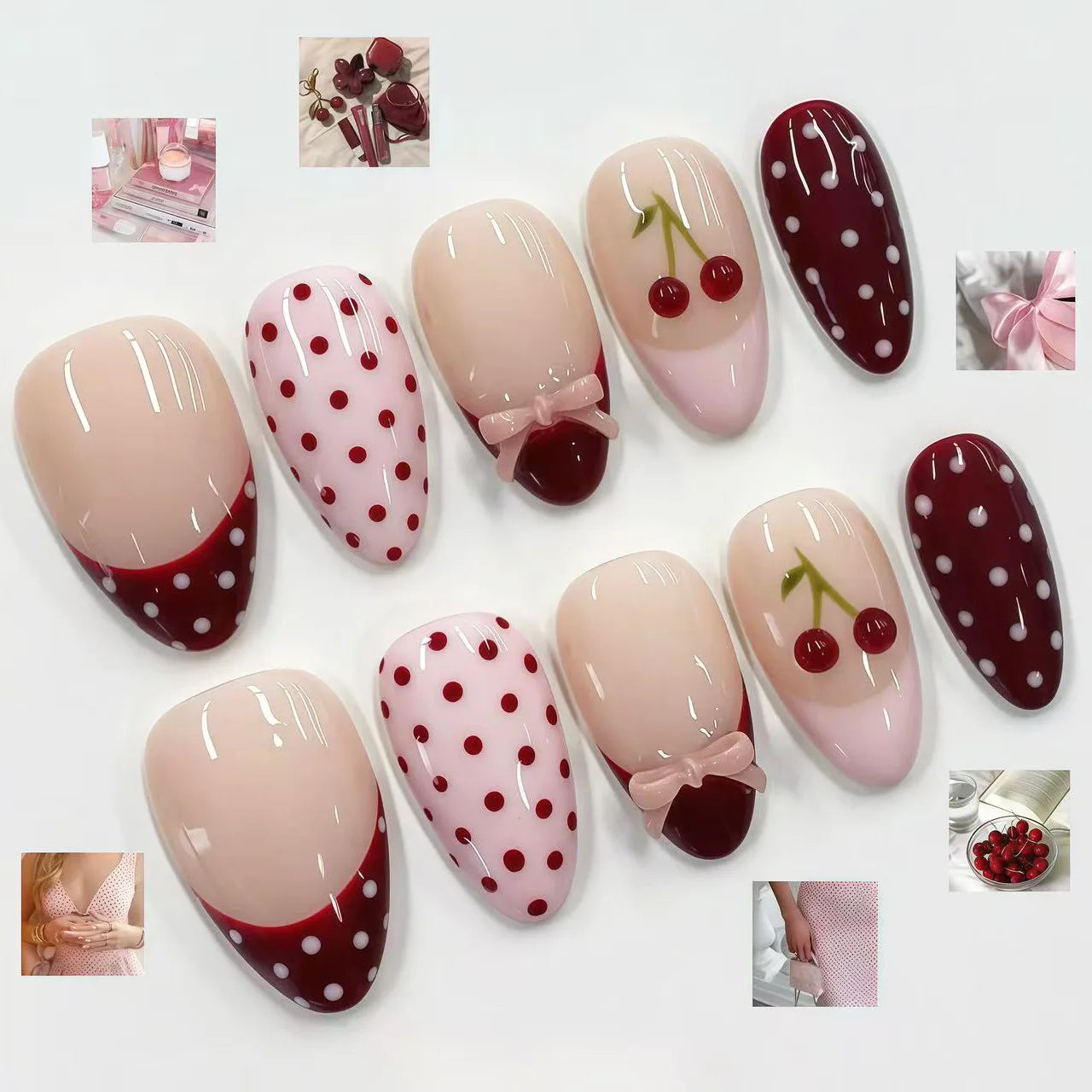 24PCS Pink Almond Press on Nails Full Cover Carved Flower 3D Ripples French Fake Nails for Women with Golden Pearl Wearable Nail