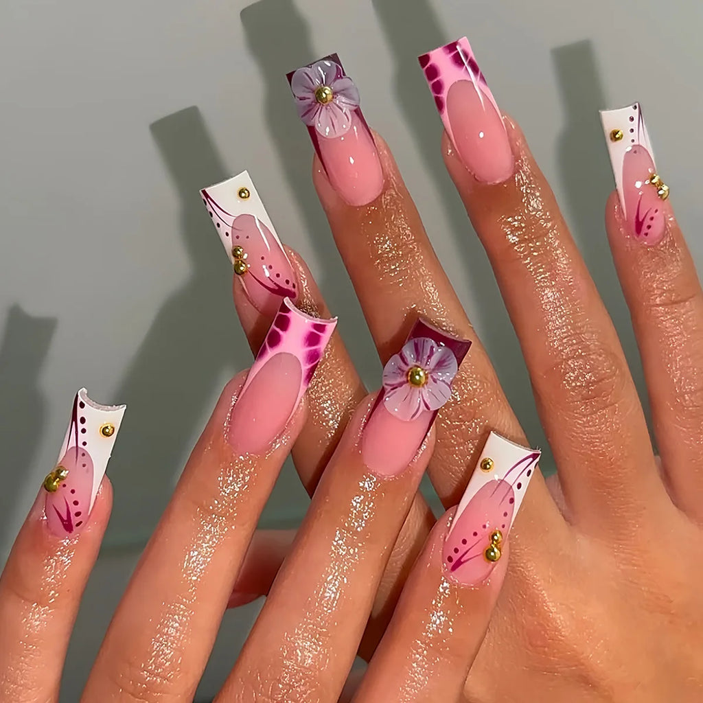 24Pcs Long Square Press on Nails Leopard Print French 3D Cherry Design False Nail Rhinestone Wearable Full Cover Fake Nails Tips