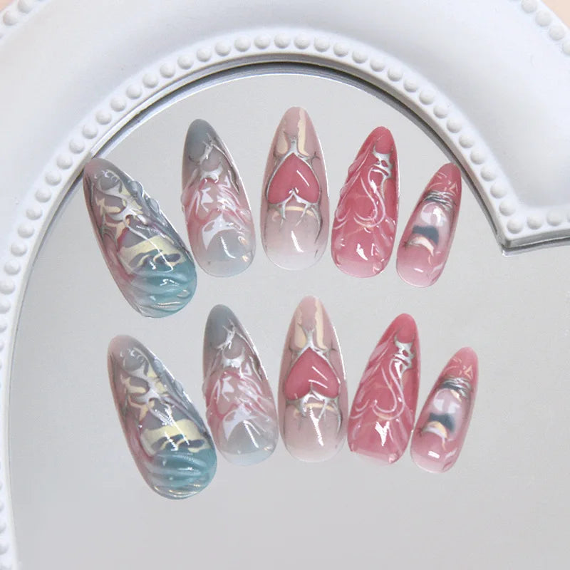 24pcs Sweet & Edgy Metallic Fake Nails 3D Silver-Plated Heart Gradient Press on Nail Almond Full Coverage Nail for Women&Girl