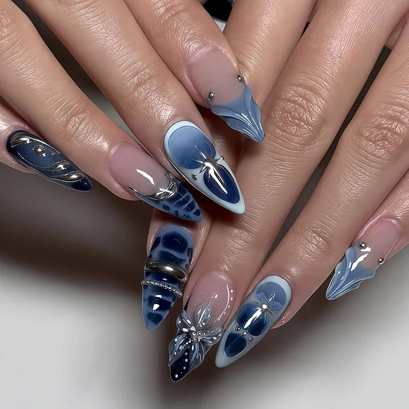 24pcs Sweet & Edgy Metallic Fake Nails 3D Silver-Plated Heart Gradient Press on Nail Almond Full Coverage Nail for Women&Girl