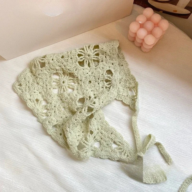 Fashion Knitted Headscarf Hat French Pastoral Style Triangle Headband Handmade Crochet Headband Towel Retro Flower Headscarf