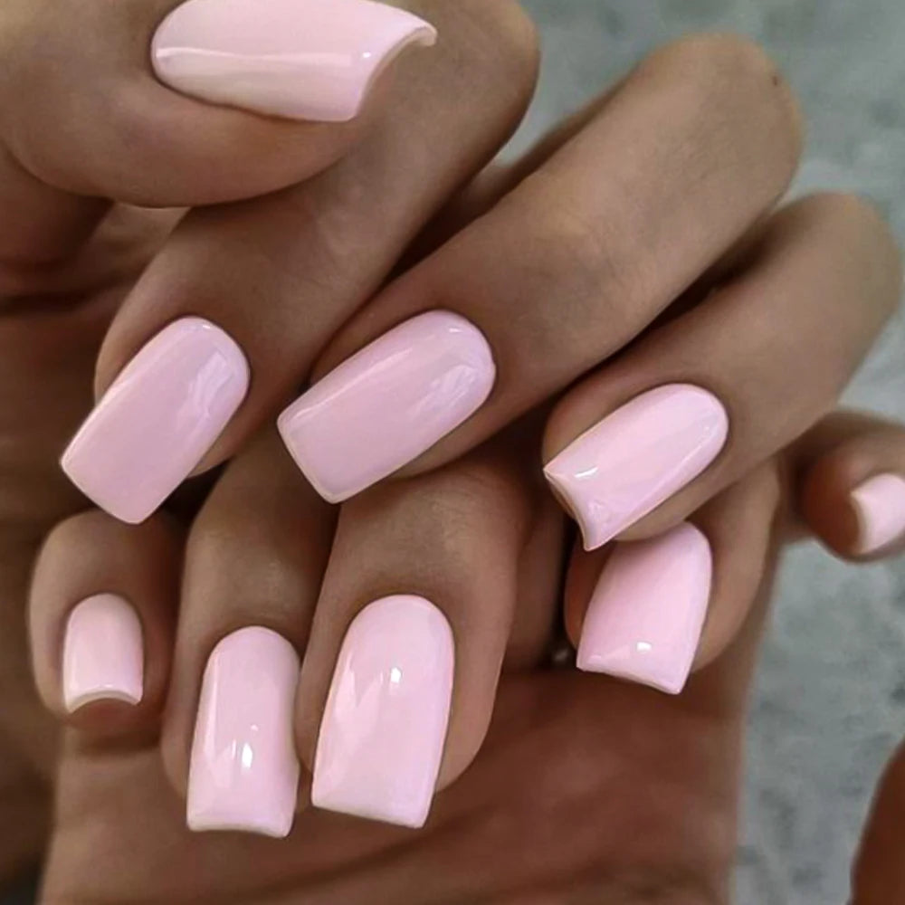 100Pcs Light Pink Press on Nails Short Medium Square Wearable Fake Nails Tips 10 Sizes Full Cover False Nails Finger Decoration