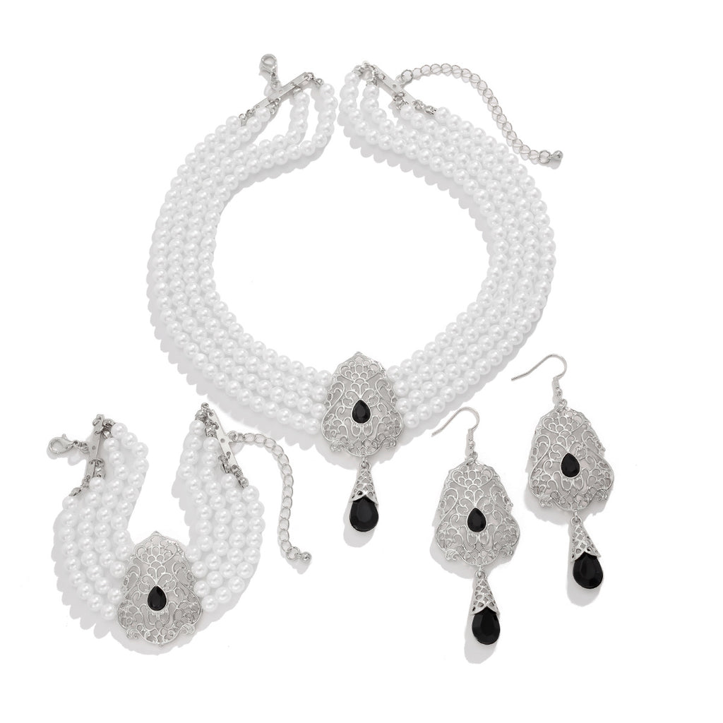 Light luxury square rhinestone necklace choker retro imitation pearl bead set necklace