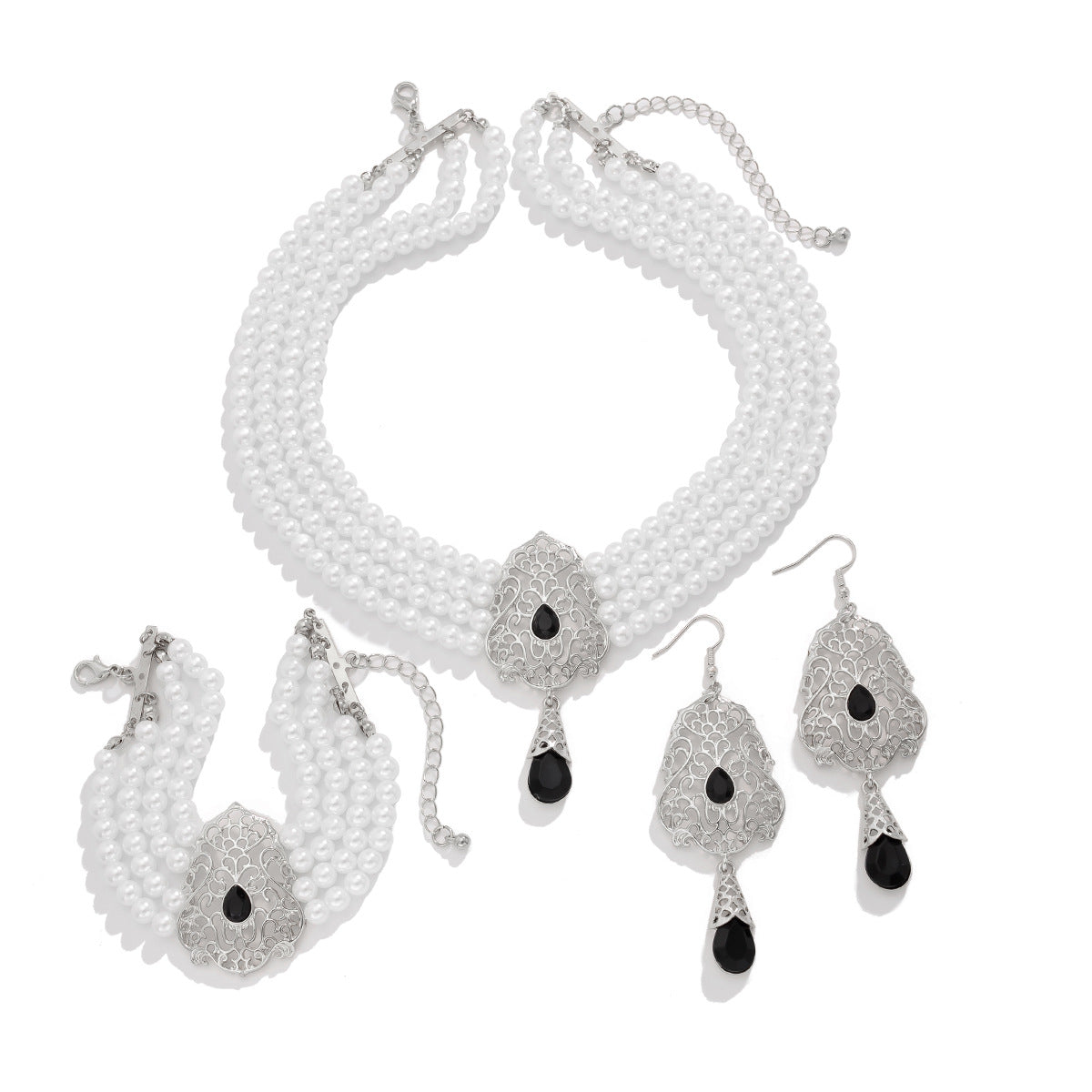 Light luxury square rhinestone necklace choker retro imitation pearl bead set necklace