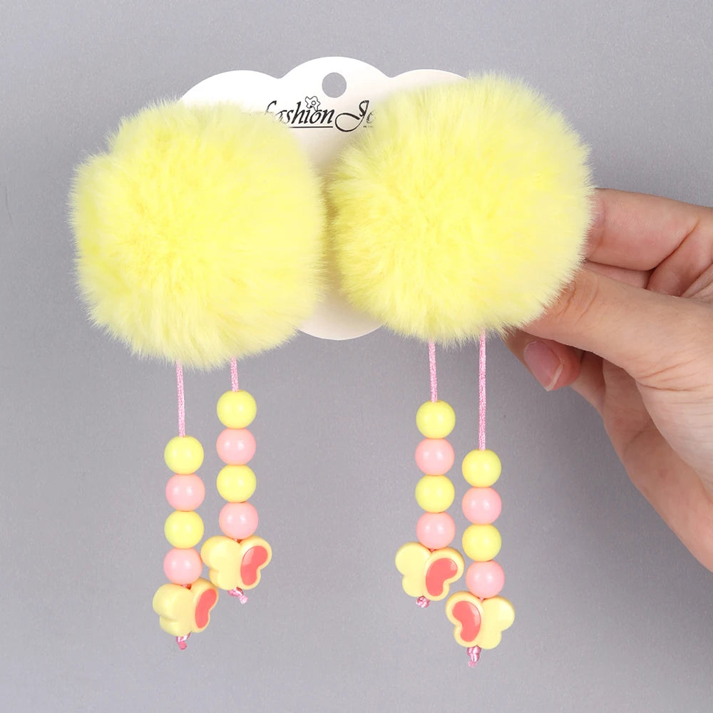 2Pcs Pom-Pom Hairpins Cute Fluffy Ball Hair Clips With Butterfly Beads Dangle Barrette For Girls Children Headwear Accesories