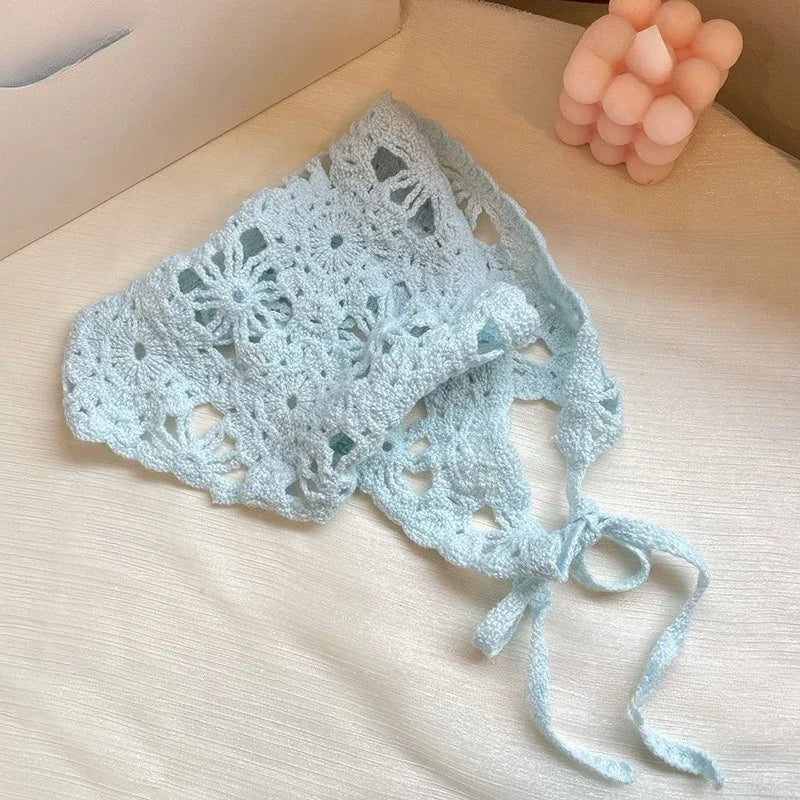 Fashion Knitted Headscarf Hat French Pastoral Style Triangle Headband Handmade Crochet Headband Towel Retro Flower Headscarf