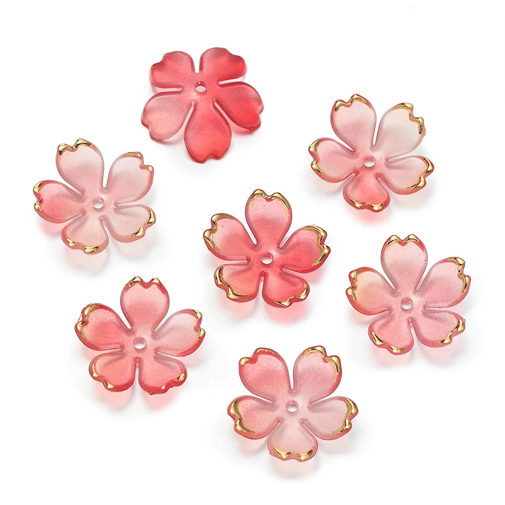 50pcs Cherry Blossoms Acrylic Beads Golden Brushed Patter Petals Charm Connector DIY Earrings Hair Jewelry Making Acessories