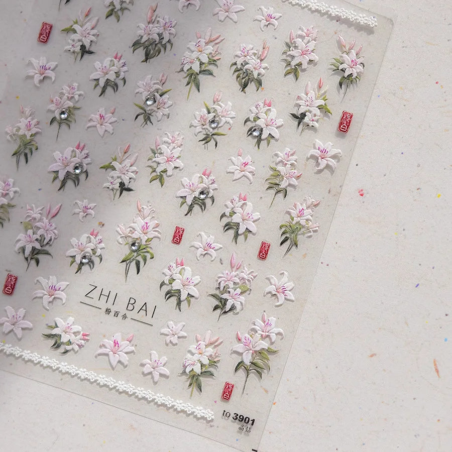 1Sheet 5D Soft Embossed Relief Nail Stickers Cute Daisies Self Adhesive Slider Stickers Press On Nails DIY Japanese Nail Art Dec