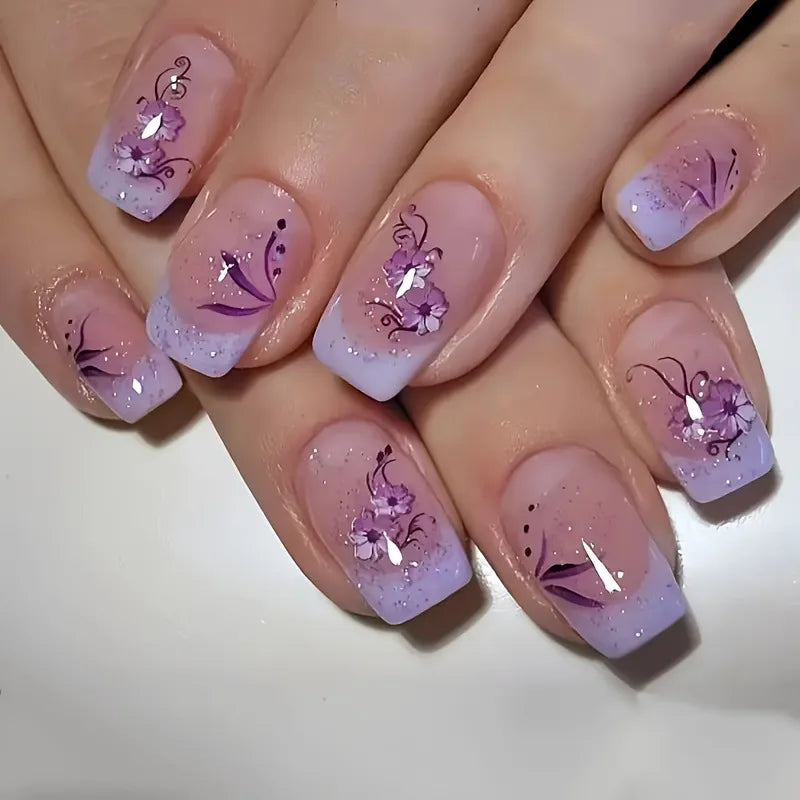 24Pcs Short Square Coffin False Nails Square Fake Nails with Glue French Glitter Wearable Acrylic Nails Set Press on Nail Tips