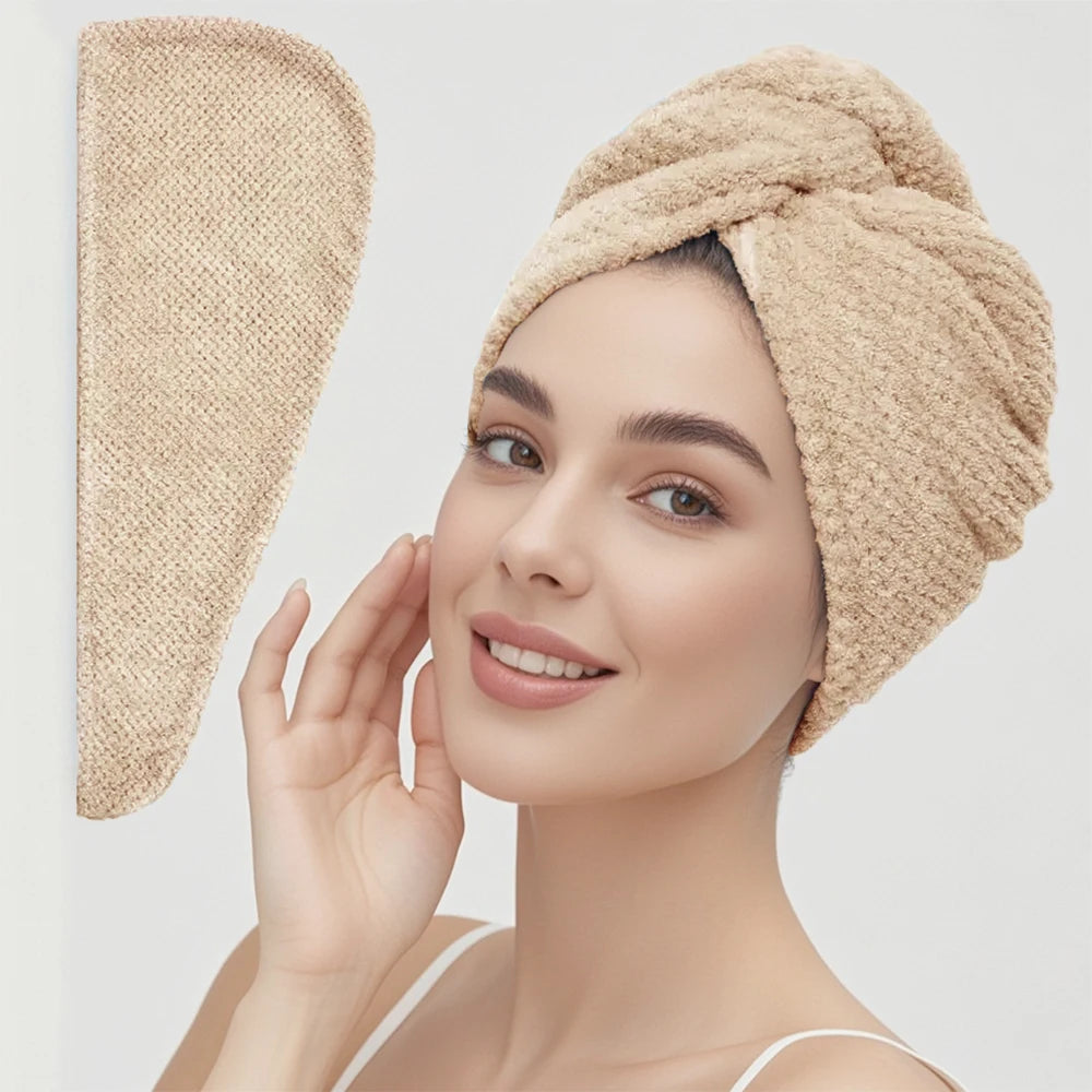 Toalla de Pelo de Color Liso Gorro Texturizado para Cabello Seco 25 x 65 cm Envoltura de Toalla Absorbente para Cabello con Botón para Mujeres