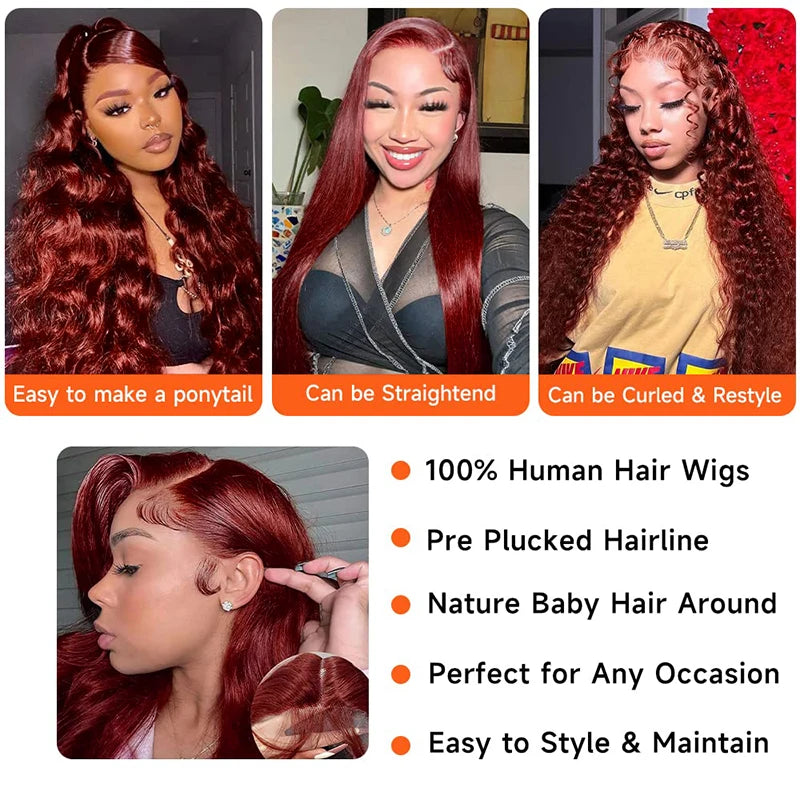 Body Wave Reddish Brown 13x6 Lace Front Wigs Human Hair Pre Plucked With Baby Hair