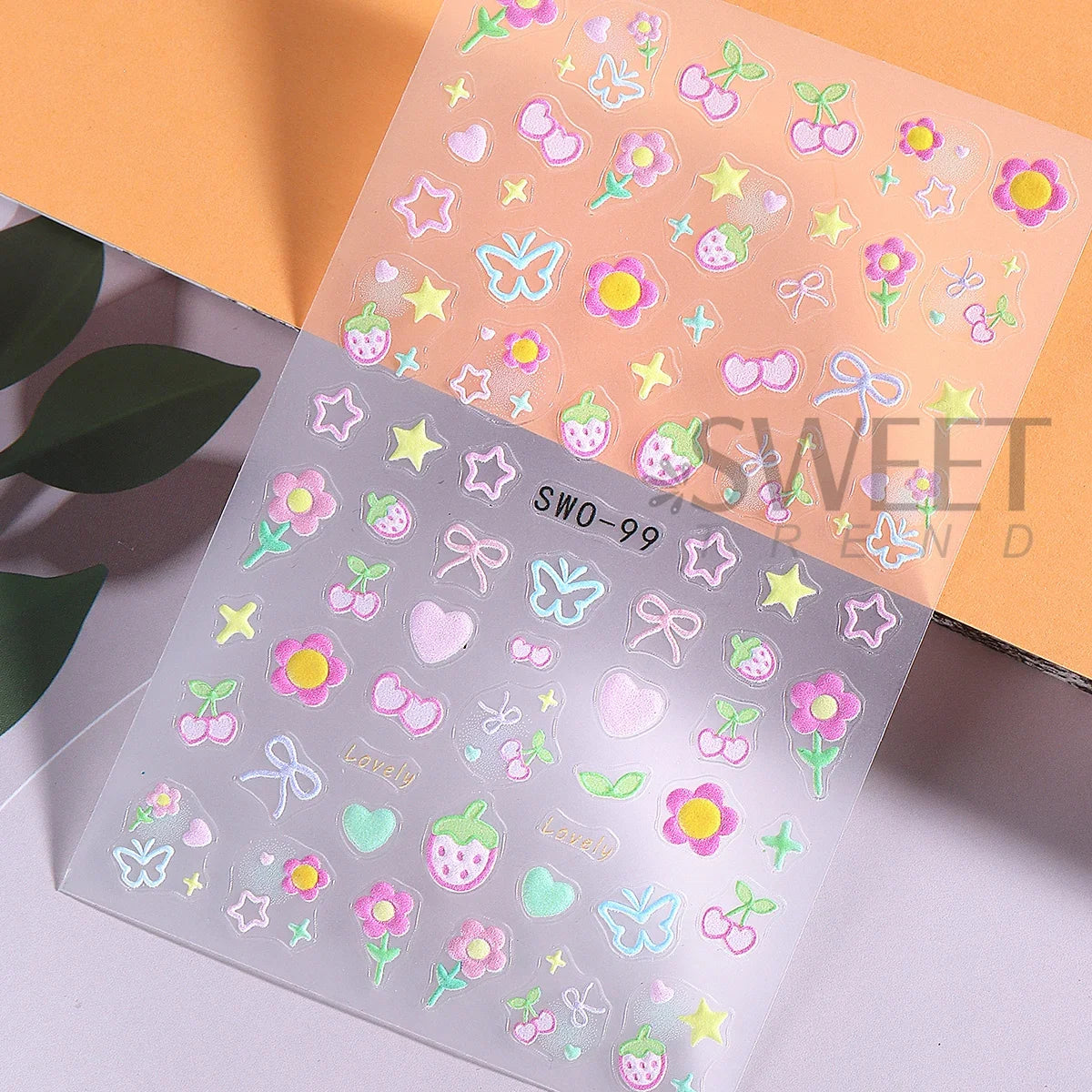 2pcs Sweet Element Nail Art Stickers Simple Flower Heart Cherry Strawberry Kawaii Decals Colorful Bow Butterfly Manicure Sliders