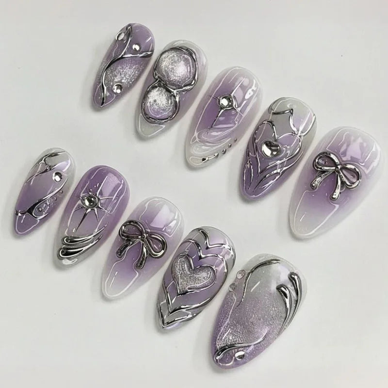 24pcs Sweet & Edgy Metallic Fake Nails 3D Silver-Plated Heart Gradient Press on Nail Almond Full Coverage Nail for Women&Girl