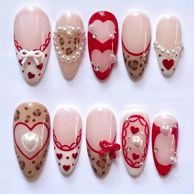 24pcs Sweet & Edgy Metallic Fake Nails 3D Silver-Plated Heart Gradient Press on Nail Almond Full Coverage Nail for Women&Girl