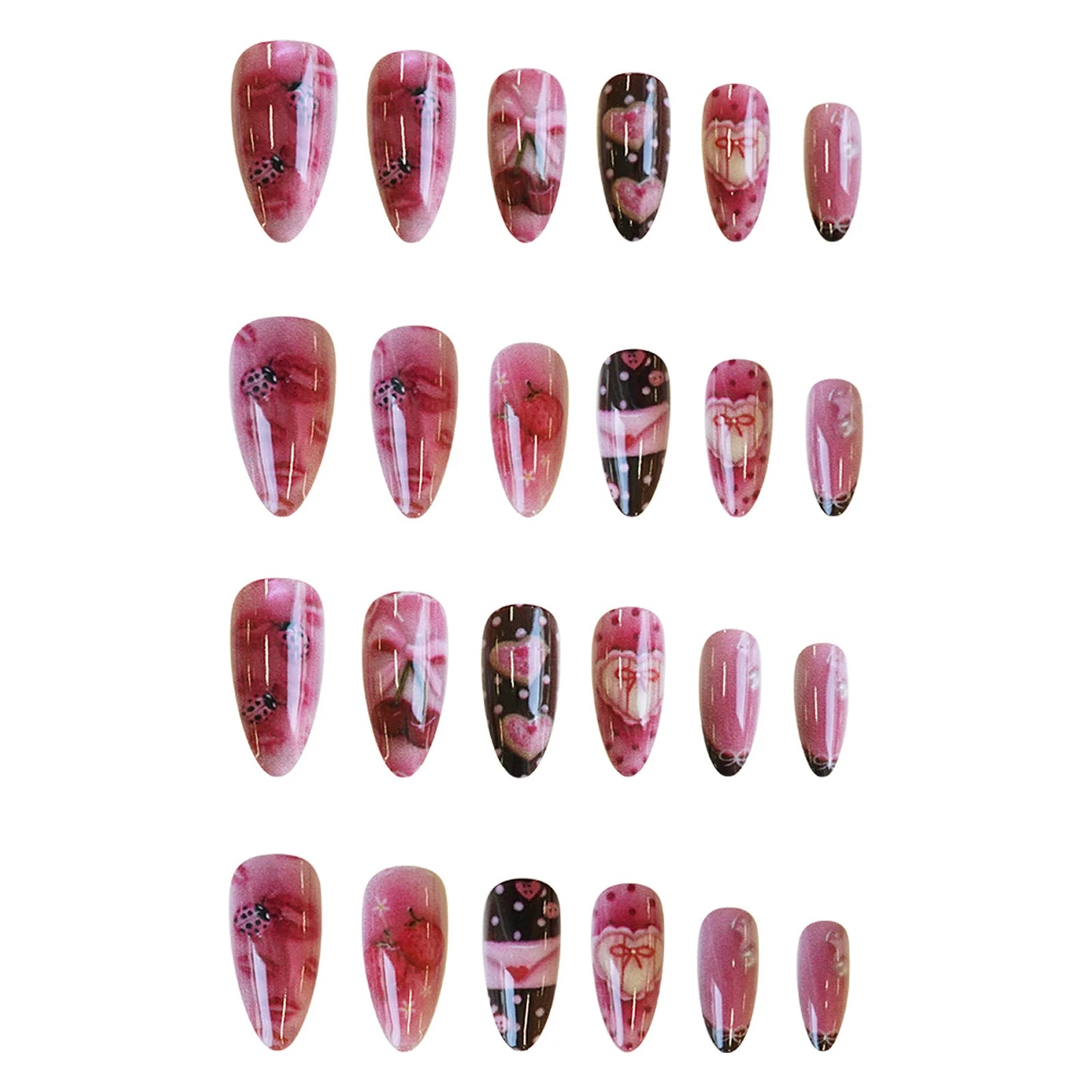 24pcs Star Moon Style Fake Nails White Swan Bowknots Flower Pattern Printed Press On Nails Gradient Black Almond Y2k False Nail