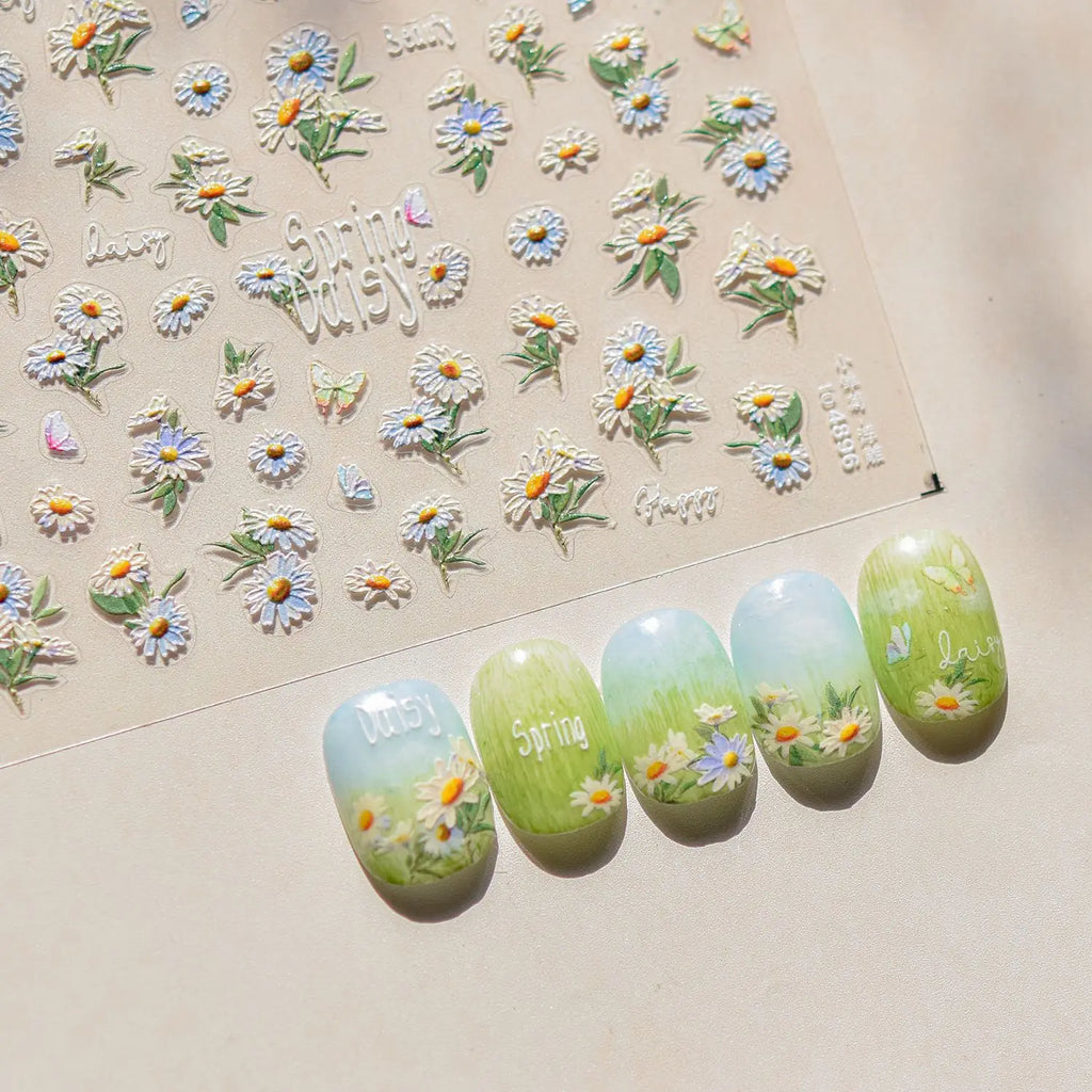 1Sheet 5D Soft Embossed Relief Nail Stickers Cute Daisies Self Adhesive Slider Stickers Press On Nails DIY Japanese Nail Art Dec