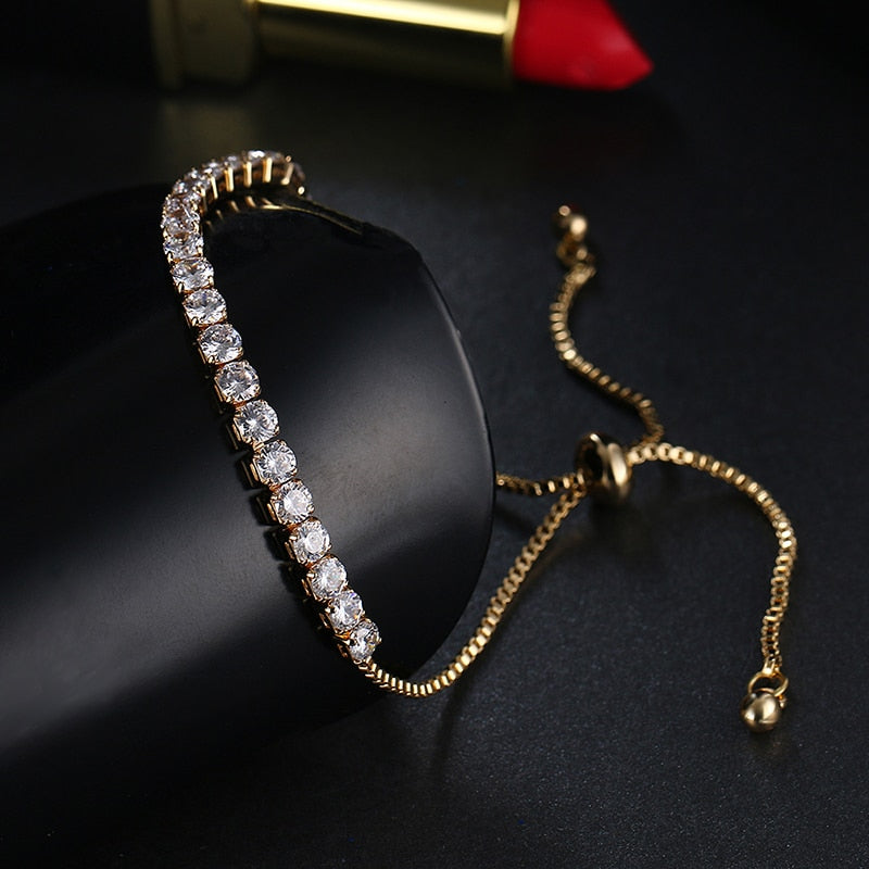 Brazalete ajustable de tenis con circonita cúbica redonda de moda para mujer, pulseras de cristal color oro blanco, regalo de joyería de boda
