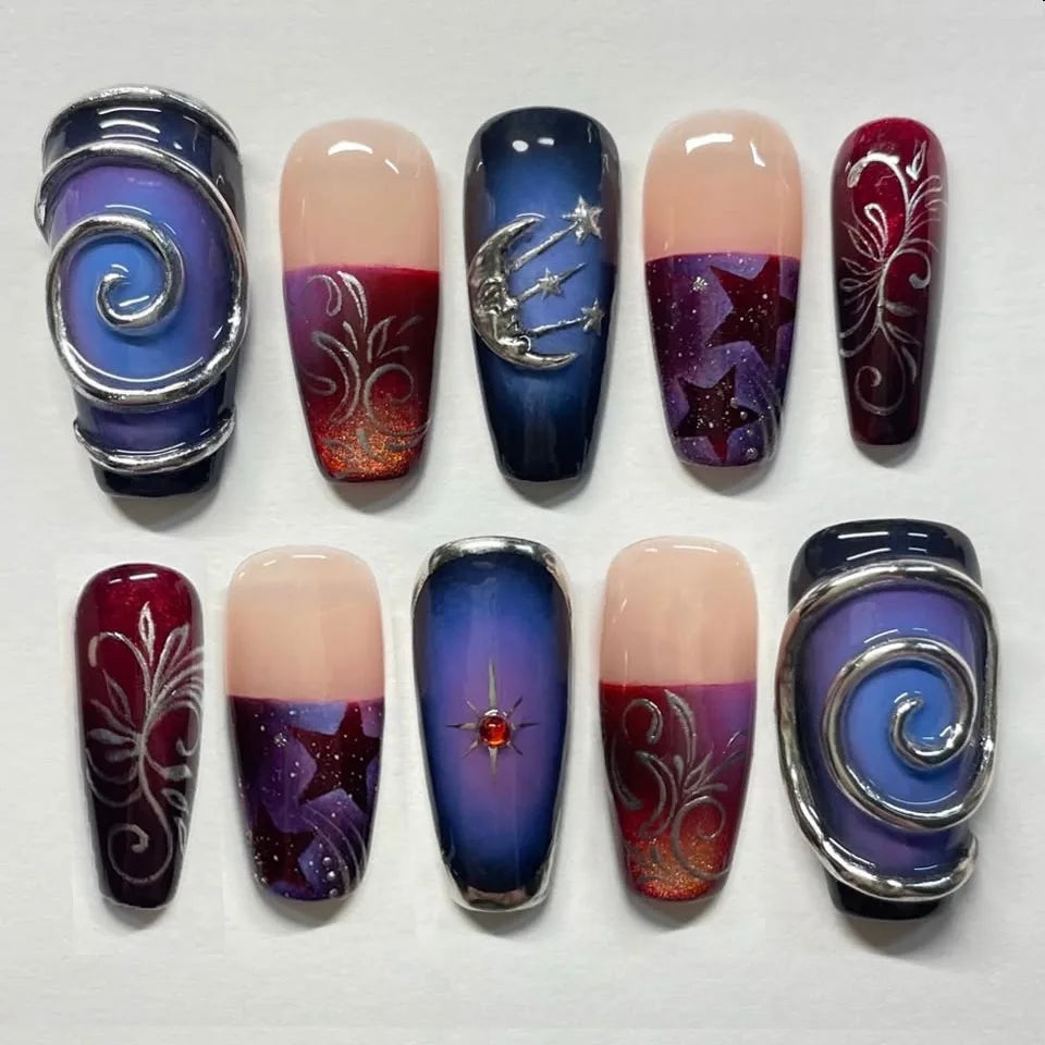 24pcs Sweet & Edgy Metallic Fake Nails 3D Silver-Plated Heart Gradient Press on Nail Almond Full Coverage Nail for Women&Girl