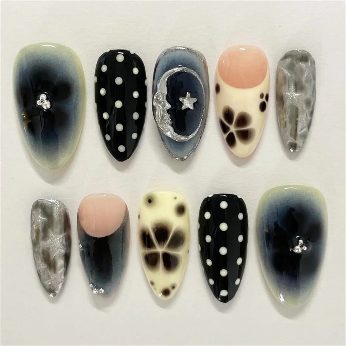 24pcs Star Moon Style Fake Nails White Swan Bowknots Flower Pattern Printed Press On Nails Gradient Black Almond Y2k False Nail