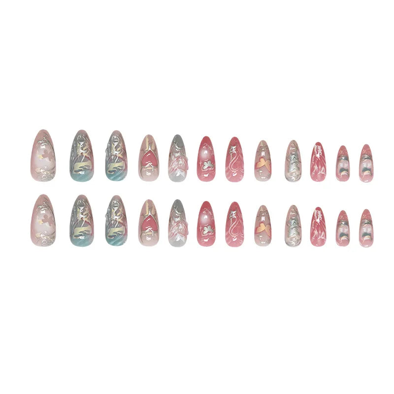 24pcs Sweet & Edgy Metallic Fake Nails 3D Silver-Plated Heart Gradient Press on Nail Almond Full Coverage Nail for Women&Girl