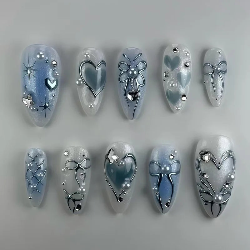 24pcs Star Moon Style Fake Nails White Swan Bowknots Flower Pattern Printed Press On Nails Gradient Black Almond Y2k False Nail