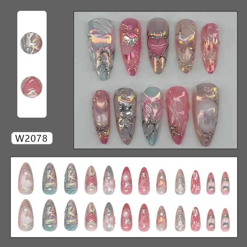 24pcs Sweet & Edgy Metallic Fake Nails 3D Silver-Plated Heart Gradient Press on Nail Almond Full Coverage Nail for Women&Girl