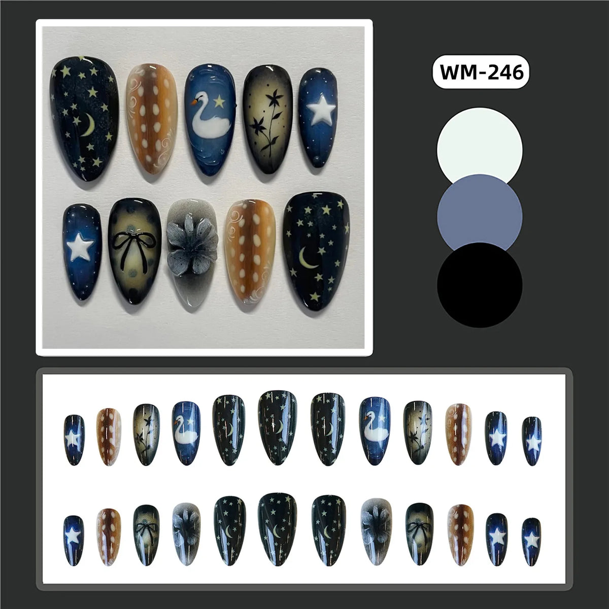 24pcs Star Moon Style Fake Nails White Swan Bowknots Flower Pattern Printed Press On Nails Gradient Black Almond Y2k False Nail