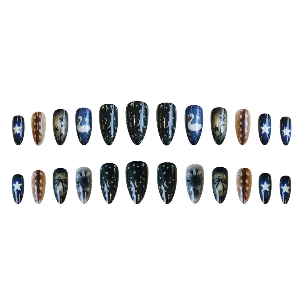 24pcs Star Moon Style Fake Nails White Swan Bowknots Flower Pattern Printed Press On Nails Gradient Black Almond Y2k False Nail
