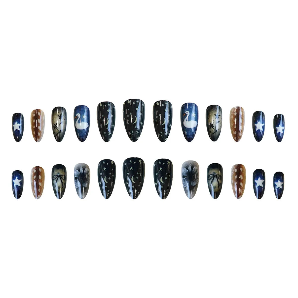 24pcs Star Moon Style Fake Nails White Swan Bowknots Flower Pattern Printed Press On Nails Gradient Black Almond Y2k False Nail