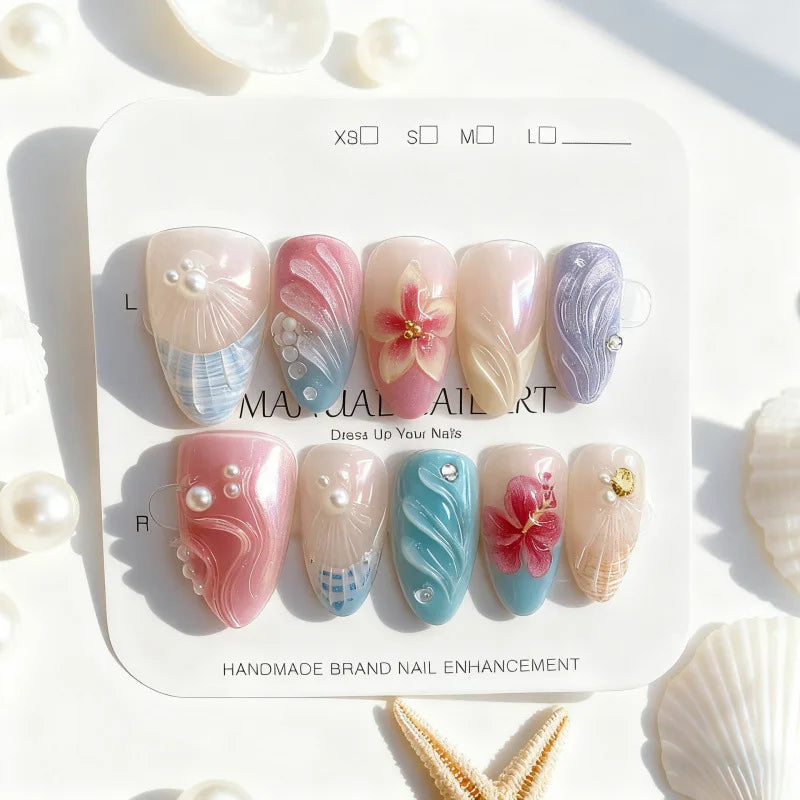 24PCS Pink Almond Press on Nails Full Cover Carved Flower 3D Ripples French Fake Nails for Women with Golden Pearl Wearable Nail