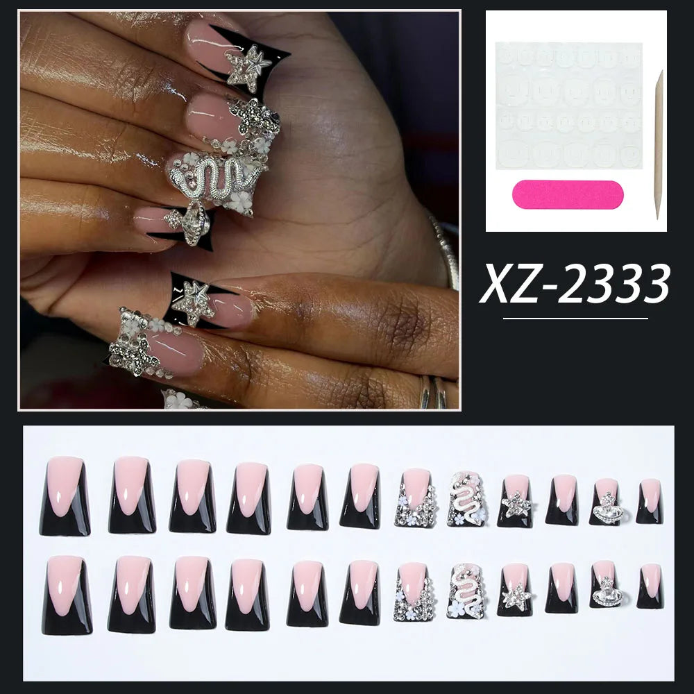 24pcs Long Ducknail Black French Tip Press On Nails 3D Alloy Cross, Snake-Shaped Decoration With Rhinestone Design Fit Perfectly