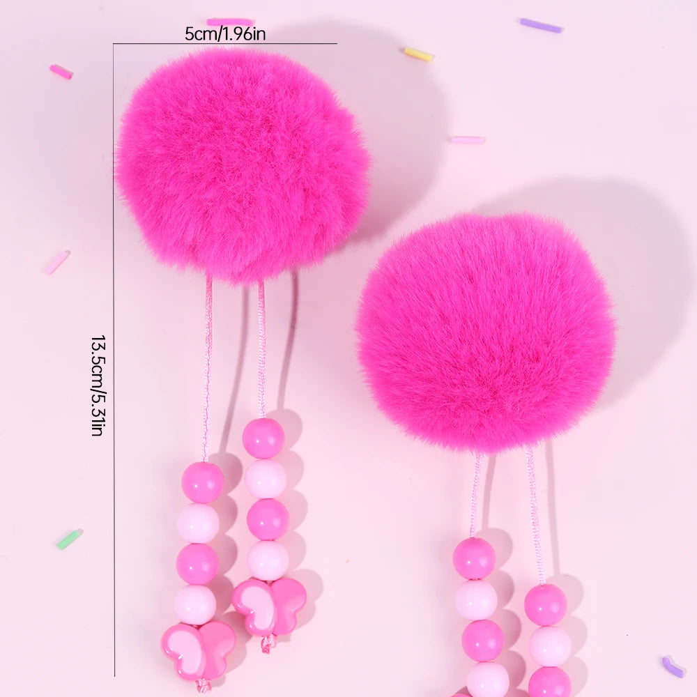 2Pcs Pom-Pom Hairpins Cute Fluffy Ball Hair Clips With Butterfly Beads Dangle Barrette For Girls Children Headwear Accesories