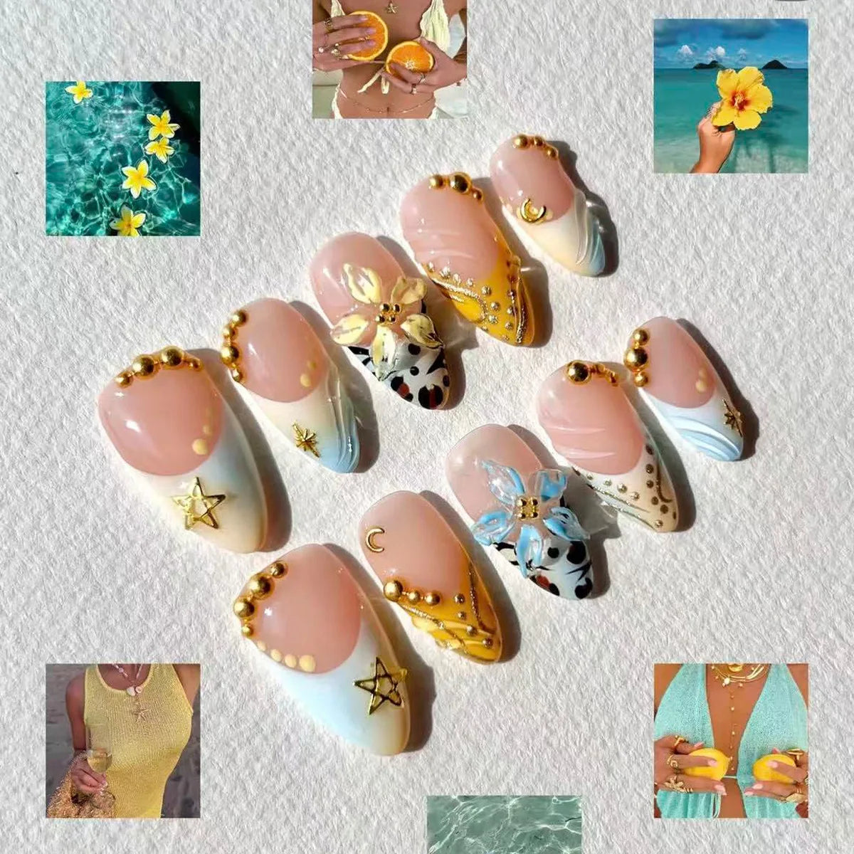24PCS Pink Almond Press on Nails Full Cover Carved Flower 3D Ripples French Fake Nails for Women with Golden Pearl Wearable Nail