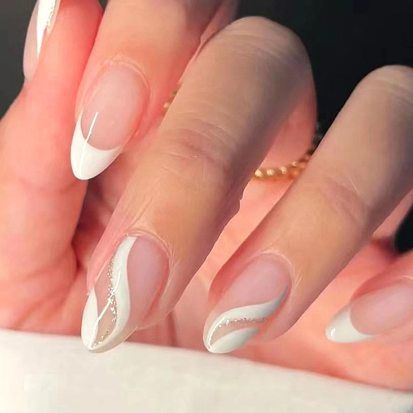 24pcs Long Almond Fake Nails White French Press on Nails Simple Full Cover Detachable Nail Tips