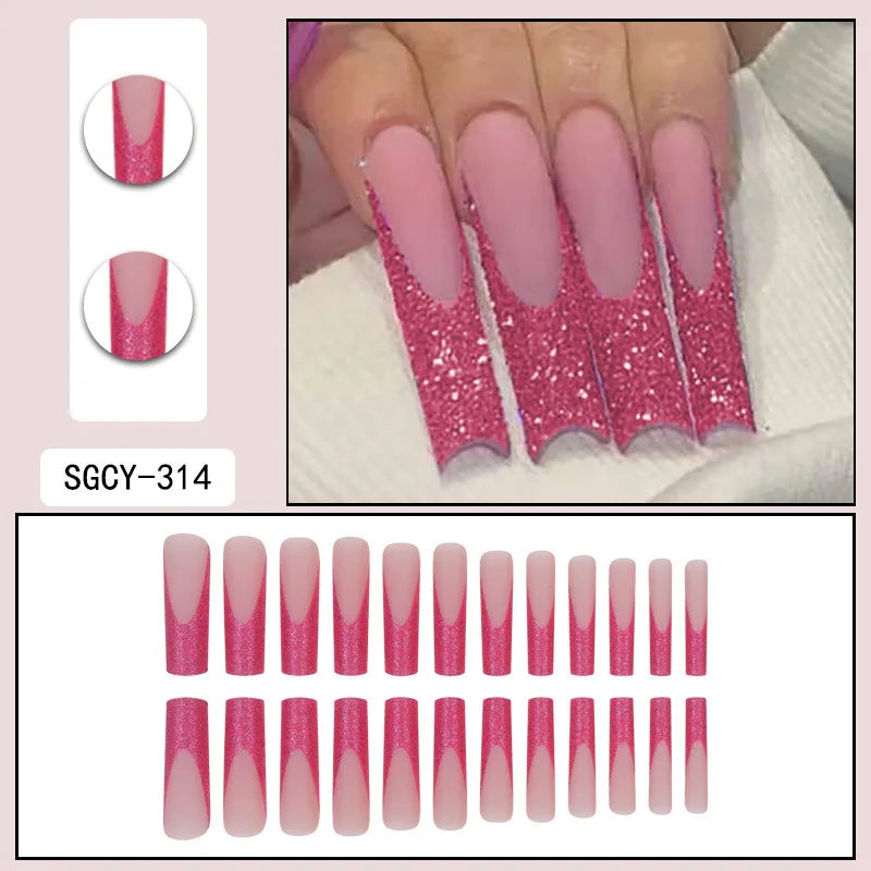 24 Pieces of Ultra Long Coffin Shaped press on nails French&gradient&flower Pattern 3D Butterfly Dot Diamond Glossy Fake Nails