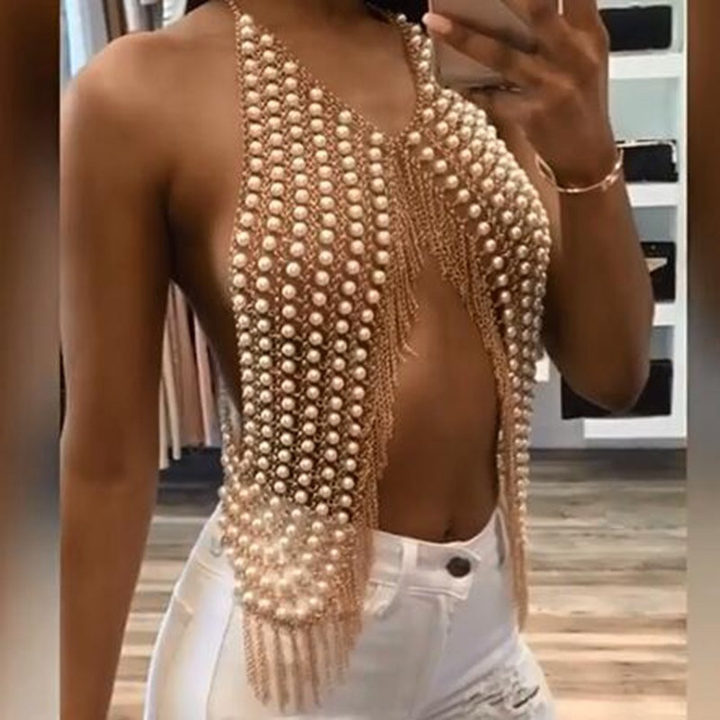Pearl Necklace Ins Style Body Chain Pearl Jewelry Women's Tassel Personality Chest Chain Accessories