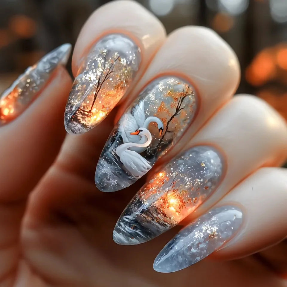 24pcs Star Moon Style Fake Nails White Swan Bowknots Flower Pattern Printed Press On Nails Gradient Black Almond Y2k False Nail