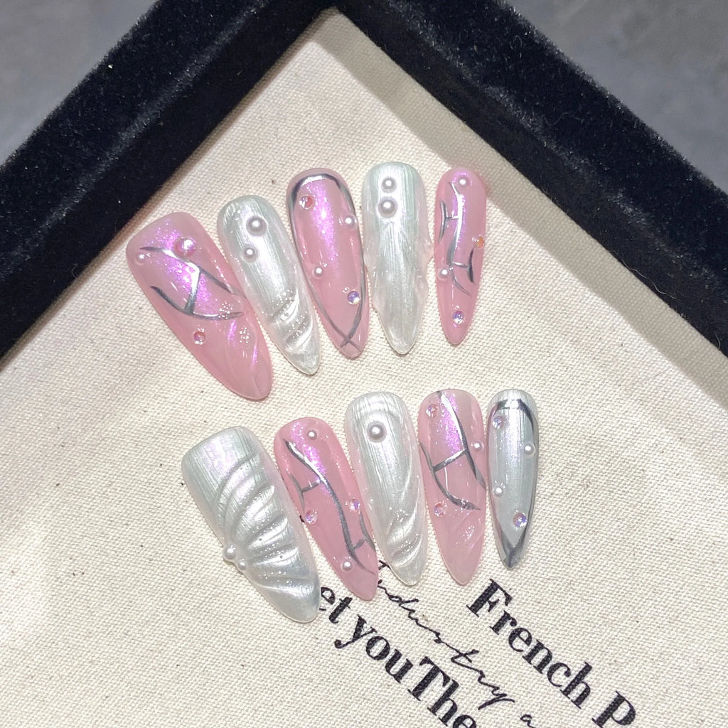 Handmade Press on Nails Blue Aurora Mermaid Fake Nail Patches Wearable Detachable French Pearl Almond False Nail Tips 10pcs