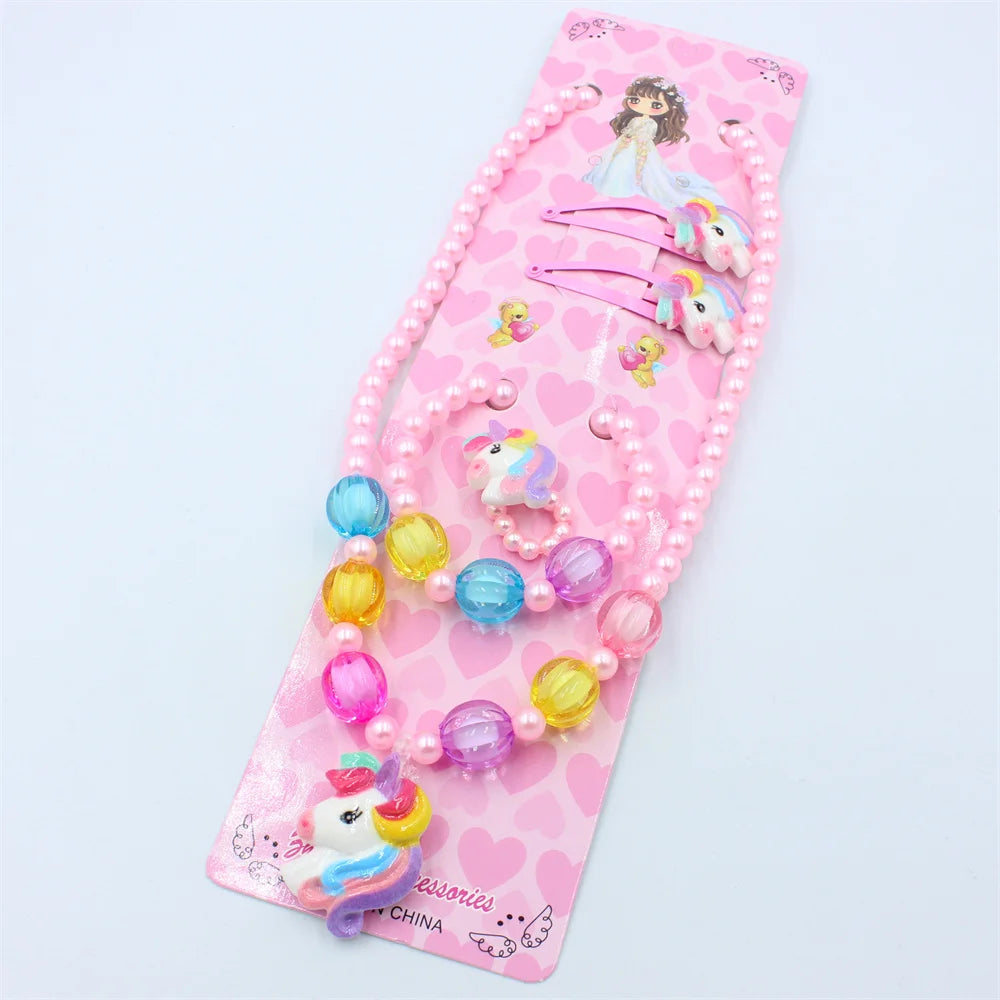 1 Set Handcrafted Unicorn Kids Beaded Jewelry set Cute Animal Necklace Bracelet Ring and Hair Clips Set for Little Princess Gift