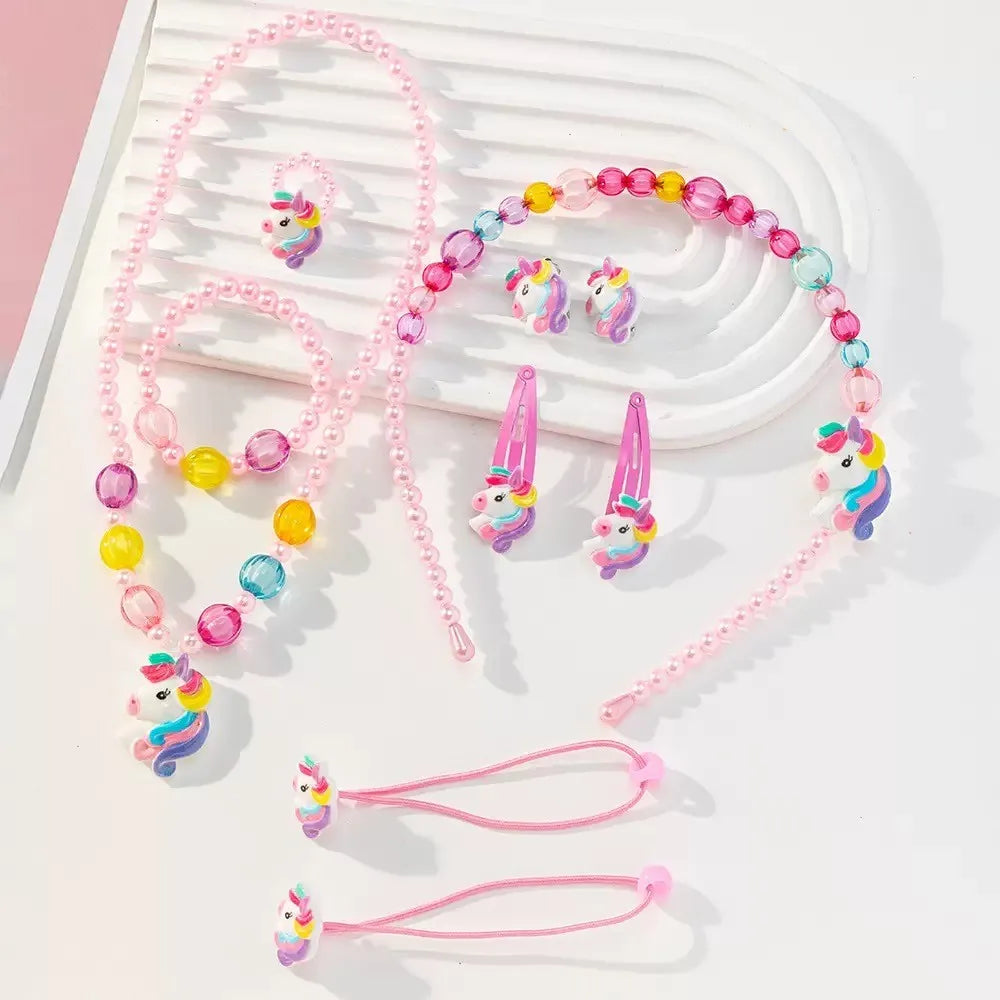 1 Set Handcrafted Unicorn Kids Beaded Jewelry set Cute Animal Necklace Bracelet Ring and Hair Clips Set for Little Princess Gift