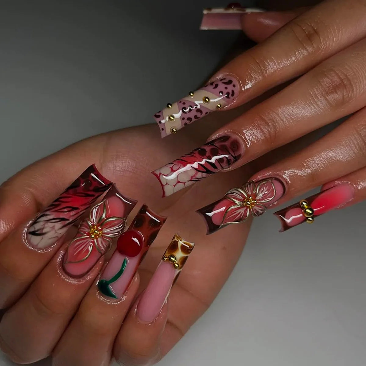 24Pcs Long Square Press on Nails Leopard Print French 3D Cherry Design False Nail Rhinestone Wearable Full Cover Fake Nails Tips